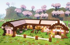 Minecraft Cherry Blossom Stables Tutorial Minecraft Island Shape Ideas, Cherry Stables Minecraft, Teddy Bear Minecraft Build, Cherry Stable Minecraft, Minecraft Village Ideas Cherry Blossom, Cherry Wood Farm Minecraft, Cherry Blossom Horse Stables Minecraft, Minecraft Barn Cherry Blossom, Cherry Blossom Windmill Minecraft