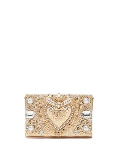 Gold-tone brass Devotion Jewel mini bag from DOLCE & GABBANA featuring signature bejewelled heart fastening, crystal embellishment, chain-link shoulder strap and foldover top. | Dolce & Gabbana Devotion Jewel mini bag Gold Clutch Bag, Gold Clutch, Unique Purses, Fancy Bags, Handbag Heaven, Evening Handbag, Crystal Embellishment, Cute Bags, Dolce & Gabbana