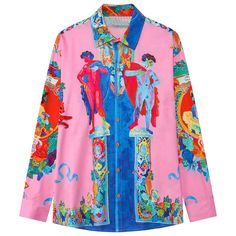 a pink shirt with colorful images on it