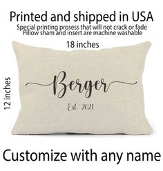 the personalized pillow with any name on it is shown in black and white text