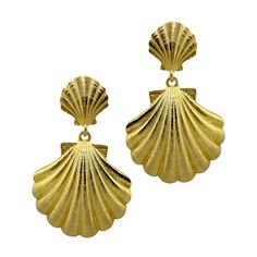 Gorgeous gold plated shell post with a lightweight shell drop_m donohue collection Gold Dangle Shell Earrings, Elegant Gold Dangle Shell Earrings, Elegant Gold Dangle Shell, Gold Brass Shell-shaped Earrings, Gold Shell-shaped Metal Earrings, Gold Shell-shaped Brass Earrings, Gold-plated Shell-shaped Earrings, Gold Plated Shell-shaped Earrings, Shell-shaped Gold Shell Earrings