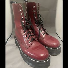 Red / Burgundy Platform Boots From Dr. Martens In Collaboration With Agyness Deyn. Beautiful, Rare, Attention Grabbing Boots With Slight Changes To The Doc Marten Formula Like The White Stitching. These Have Not Been Worn Much But Have Minor Scuffs (Pictured). Red Doc Martens Aesthetic, Maroon Doc Martens, Red Docs, Cherry Red Dr Martens, Doc Marten Boots, Dr Martens Boots Red, Platform Doc Martens, Doc Marten Boot, Agyness Deyn