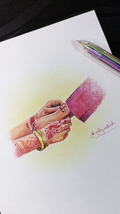 colored pencil drawing of two hands holding each other's hand, on top of a piece of paper