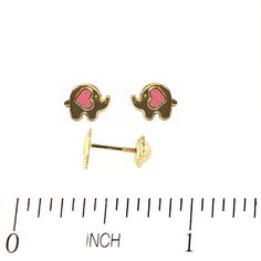 Make your little girl's day with our adorable 18K Solid Yellow Gold Small Pink Enamel Heart Elephant Covered Screwback Earrings. Measuring 0.27 x 0.21 inches, these earrings are the perfect size for young girls. Crafted from high-quality hypoallergenic gold, they're both beautiful and safe for sensitive skin. The Amalia Gift Box and Bag are included for a beautiful presentation. With the covered screwbacks providing extra protection, these earrings are both cute and comfortable. Order now and gi