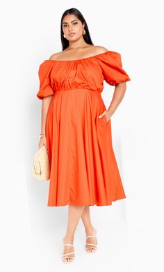 Rosabella Dress - tangerine Spring Off Shoulder Boat Neck Dress, Spring Off Shoulder Square Neck Dress, Off Shoulder Square Neck Dress For Summer Brunch, Spring Square Neck Off Shoulder Dress, Square Neck Off Shoulder Dress For Summer Brunch, Spring Ruched Off Shoulder Midi Dress, Spring Off-shoulder Orange Dress, Orange Off-shoulder Spring Dress, Orange Off-shoulder Dress For Brunch