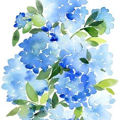 watercolor painting of blue flowers with green leaves