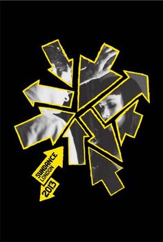 the poster is designed with yellow and black arrows, which appear to have been cut out