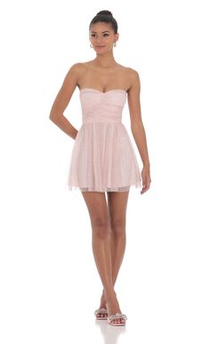 Glitter Strapless A-Line Dress in Pink Long Sleeve Hoco Dress, Cute Dresses For Dances, Pink Hoco Dress, Upf Clothing, Casual Day Dresses, Straight Dress, Date Night Dresses, Tulle Fabric, Hoco Dresses