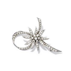 Ross-Simons - C. 1950 Vintage 1.60 ct. t. w. Diamond Flower Pin in 14kt White Gold. C. 1950. This charming creation from the Retro era and our Estate collection has lived a long and beautiful life, sparkling with flair every step of the way. The pin embodies a sprightly flower, with long, tendril petals garnished by a shimmering ribbon, entirely bejeweled with 1.60 ct. t. w. round brilliant-cut diamonds. Crafted in 14kt white gold. Revolver safety. Diamond flower pin. Exclusive, one-of-a-kind Es Classic Platinum Brooches, Classic Platinum Brooch With Brilliant Cut, Classic White Gold Brooch With Brilliant Cut, Classic Platinum Brooch For Anniversary, Classic Platinum Brooches For Anniversary, Classic Diamond White Brooch For Anniversary, Classic Diamond White Brooches For Anniversary, Classic Wedding Brooch With Brilliant Cut, Platinum Brooch Jewelry For Anniversary