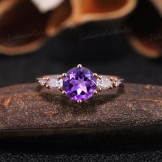 Unique Amethyst Engagement Rings Rose Gold Dainty Purple Crystal Ring Vintage Bridal Birthstone Ring Moissanite Promise Ring Gift For Women RING DESCRIPTION ✦Engagement Ring ✴Center Stone - Amethyst Shape - Round Cut Size - 7mm ✴Side Stones - Moissanite Shape - Round & Pear Cut Weight - About 0.61ct ✴Band Width - About 1.6mm ✴Ring Metal: Available in rose gold plated, yellow gold plated, 925 sterling silver, 10k or 14k solid rose, yellow or white gold. MAKING & SHIPPING ✦PAYMENT PLAN ♡ We provid Three Stone Diamond Gemstones For Anniversary, Elegant Amethyst Rings With Brilliant Cut, Three Stone Diamond Gemstones For Wedding, Amethyst Rings With Brilliant Cut, Dazzling Amethyst Diamond Ring For Wedding, Brilliant Cut Gemstones For Wedding Fine Jewelry, Classic Amethyst Diamond Ring With Brilliant Cut, Dazzling Amethyst Diamond Ring For Anniversary, Exquisite Diamond Amethyst Wedding Ring