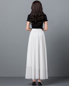 * A long skirt with elastic waist. * A-line shape and wide hem, can make you look more taller and slimmer. * Made of pearl chiffon and fully lined. * Can custom make waist size and skirt length. * Material: 100% polyester * Size: True to US size, US 0-US 20 are available, you can let us know your usual size and height in your order. * Shipping: Free shipping Processing time : 5-7 Business days Delivery time : 7-20 Business days Tracking number available If you need rush order or expedited shippi Summer Floor-length Maxi Dress With Voluminous Skirt, Summer Maxi Dress With Voluminous Floor-length Skirt, Chic Full-skirt Maxi Dress With Pleated Details, Chic Maxi Dress With Pleated Full Skirt, Flowy Solid Color Gathered Maxi Skirt, Elegant Solid Maxi Skirt With Elastic Waistband, Elegant Flared Maxi Skirt With Elastic Waistband, Chic Solid Color Flowy Maxi Skirt, Chic Solid Flowy Maxi Skirt