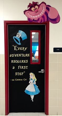 a door with the words every adventure requires a first step and an image of alice in wonderland