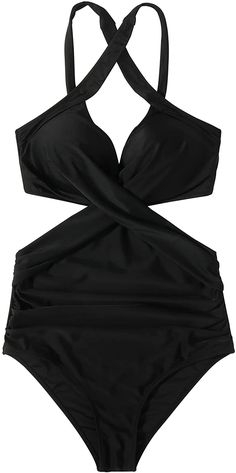 Front Cross Black One Piece Cutout Monokini Swimsuit Tummy control Polyester+ Nylon, Full lined, No see-through, Soft and comfortable. Removable padding, adjustable spaghetti straps. Brand Size Dress Bust Waist Hip XS 0-2 31-32.5'' 23-24'' 31-34" S 4--6 33-35'' 25-26'' 35-37" M 8--10 35-36'' 27-28'' 38-39" L 12--14 38-40'' 29-31'' 40-42" XL 14-16 40-42'' 33.5-36'' 44-46" 2XL 18-20 42-44'' 37-40'' 47-50" 3XL 22-24 44-46'' 41-46'' 51-55" 4XL 26-28 46-48'' 47-50'' 56-60" Nylon Halter Neck Tankini With Built-in Bra, Halter Neck Nylon Tankini With Built-in Bra, Black Shapewear Swimwear, Black Swimwear With Built-in Bra For Beachwear, Black Swimwear With Built-in Bra, Strappy Nylon Swimwear With Built-in Bra, Black Tankini With Built-in Bra For Vacation, Black Nylon Swimwear With Built-in Bra, Black Stretch Strappy Swimwear