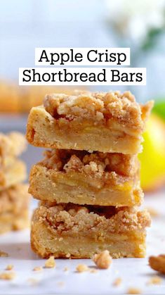 three pieces of apple crisp shortbread bars stacked on top of each other with text overlay