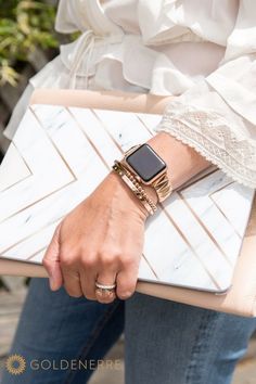 On the way to the #appleevent today, and we're wearing our pyramid apple watch band stacked with our matching bracelets #armparty #womeninbusiness #applewatch #techstyle #techaccessories Apple Watch Wrist Stack, Apple Watch Styling, Styling Apple Watch, Bracelet With Apple Watch, Apple Watch Stack, Watch Photoshoot, Edgy Vibes, Watch Bracelets, Apple Watch Bands Women