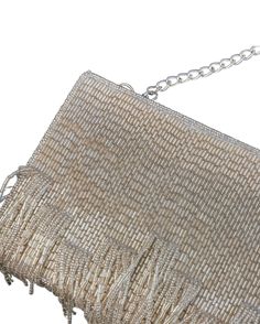 7.5L x 5W x 2D Formal Beaded Shoulder Bag With Top Handle, Formal Beaded Top Handle Shoulder Bag, Luxury Beaded Clutch Shoulder Bag, Luxury Beaded Shoulder Bag For Events, Luxury Beaded Bags For Everyday Use, Beige Embellished Rectangular Shoulder Bag, Chic Beaded Crossbody Shoulder Bag, Rectangular Shoulder Bag With Detachable Strap For Events, Evening Beaded Crossbody Bag