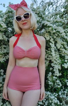 Gingham Underwire Swimwear For Beachwear, Underwire Gingham Swimwear For Summer, Gingham Fitted Underwire Swimwear, Retro Gingham Swimwear For Summer, Retro Red Triangle Top Swimwear, 1960s Coquette, 50s Bathing Suit, 50s Swimwear, Aesthetic Wardrobe