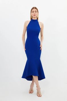 Compact Stretch Tailored High Low Midi Dress | Karen Millen Fitted Halter Neck Mermaid Dress For Evening, Evening Fitted Midi-length Mermaid Dress, Fitted Midi Length Mermaid Evening Dress, Evening Fitted Midi Mermaid Dress, Elegant Summer Mermaid Dress For Gala, Elegant Summer Gala Mermaid Dress, Fitted Elastane Halter Dress For Party, Fitted Midi Dress With Mermaid Hem For Formal Occasions, Elegant Stretch Midi Dress With Mermaid Hem