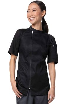 PRICES MAY VARY. Superior comfort with Cool Vent sustainable stretch fabric Raglan short sleeve Off-set zipper front with snap collar Left sleeve thermometer pocket and concealed pen pockets Side slits with mesh Chef Coat Design, Black Long-sleeved Windbreaker With Functional Pockets, Chef Jackets, Chef Coat, Female Chef, Safety Clothing, Long Sleeves Coats, Mesh Material, Front Zipper