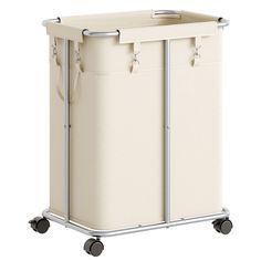 a large white trash can with wheels on it's sides and two bins attached to the back