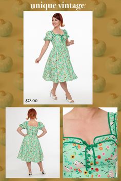 This adorable 1940's style swing dress is crafted in a lightweight green woven fabric that features a possum print throughout. The bodice features a faux button up front topped with a cute bow and is framed by short elastic puff sleeves. Complete with a back zipper to cinch the waist..Available in sizes XS-5X while supplies last. | Unique Vintage 1940S Green Possum Print Button Front Dress | Size Large/10-12