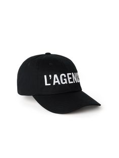 A sporty-chic baseball cap in true black adorned by a white embroidered L'AGENCE logo. In a breathable cotton chino twill, classic design features meticulously stitched visor and crown eyelets. Back adjustable buckle-strap ensures a proper fit. The perfect accessory for denim styles and other casual looks. 100% Cotton. Classic Dad Hat With Embroidered Logo Visor, Classic Dad Hat With Embroidered Logo, Classic Visor Baseball Cap With Embroidered Logo, Classic Cotton Dad Hat With Logo, Classic Six-panel Hat With Logo, Classic Baseball Cap With Logo Print, Classic Black Baseball Cap With Letter Print, Classic Dad Hat With Logo And Curved Bill, Trendy Cotton Hat With Logo Print