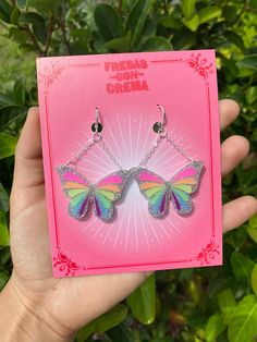 Hand pieced neon rainbow butterflies made with sparkly silver acrylic and matte neon colors. Neon colors are fluorescent under UV lighting. Silver plated brass leverback hooks. Acrylic and lightweight. Multicolor Butterfly Earrings For Party, Masc Cottagecore, Rainbow Butterflies, Earrings Acrylic, Birthday Jewelry, Rainbow Butterfly, Neon Rainbow, Gifts Birthday, Butterfly Earrings