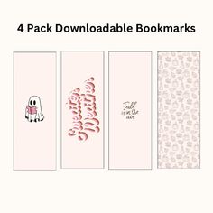 four bookmarks with the words, 4 pack available in pink and white font on them