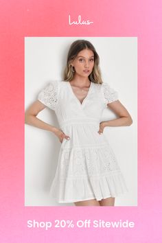 You'll look like a daytime dream with a essential spring look like the Lulus Sweetly Impressive White Eyelet Embroidered Clip Dot Mini Dress! Lightweight woven cotton, with floral eyelet embroidery and a textured clip dot design throughout, shapes a lightly gathered bodice and a surplice neckline, framed by short puff sleeves (with elastic at the cuffs). The fitted, banded waist tops a tiered, skater-style skirt that ends at a flirty mini hem. Elegant crochet lace accents the neckline and skirt for a chic finishing touch! Elastic at back for a perfect fit. Fit: This garment fits true to size. Length: Mid-thigh. Size small measures 34" from shoulder to hem. Bust: Great for any cup size. Waist: Fitted - elastic waist allows stretch. Hip: Not Fitted - fuller skirt allows room for hips. Underg Elegant Crochet, Gathered Bodice, Eyelet Embroidery, Graduation Dresses, Lulu Fashion, Spring Look, Surplice Neckline, Skater Style, Dots Design