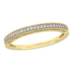 Featuring a row of dazzling diamonds, an open-worked bridge and milgrain details, this 10k gold anniversary ring is an elegant symbol of your commitment. Featuring a row of dazzling diamonds, an open-worked bridge and milgrain details, this 10k gold anniversary ring is an elegant symbol of your commitment. Metal: 10k gold Finish: textured Packaging: boxedDIAMOND DETAILS Total weight: 1/10 ct. Color grade: G-I Clarity: I2-I3 Shape: round Setting: pave Gemstones may have been treated to enhance th Timeless Diamond Ring With Decorative Band For Anniversary, Timeless Anniversary Diamond Ring With Decorative Band, Classic White Gold Diamond Ring With Decorative Band, Classic Diamond Rings With Decorative Band, Yellow Gold Diamond Jewelry With Milgrain Detail, Classic Diamond Ring With Decorative Band For Anniversary, Classic Diamond White Ring With Decorative Band, Classic Diamond Ring With Decorative Band, Classic Rings With Decorative Band In Diamond White