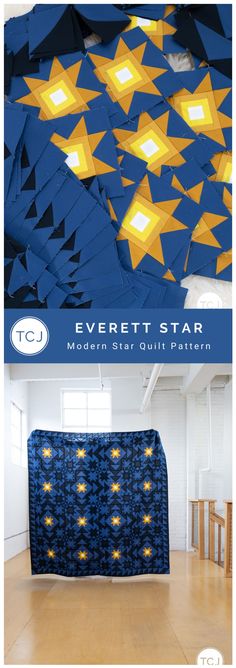 an advertisement for a modern star quilt pattern on the ceiling and in front of it