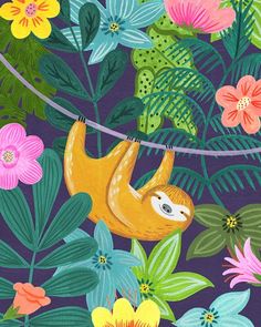 a painting of a sloth hanging on a branch surrounded by tropical plants and flowers