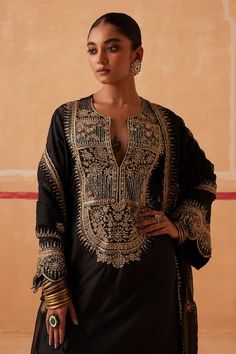 Buy Sureena Chowdhri Black Veer Silk Zardozi Embroidered Kurta Set Online | Aza Fashions Dola Silk Kurta With Intricate Embroidery For Reception, Resham Embroidered Dola Silk Kurta For Reception, Dola Silk Kurta With Resham Embroidery For Reception, Bollywood Style Kurta With Resham Embroidery For Reception, Raw Silk Kurta With Intricate Embroidery For Reception, Zari Work Straight Kurta Palazzo Set For Reception, Straight Kurta Palazzo Set With Zari Work For Reception, Bollywood Style Raw Silk Kurta For Reception, Raw Silk Kurta With Zari Work For Reception