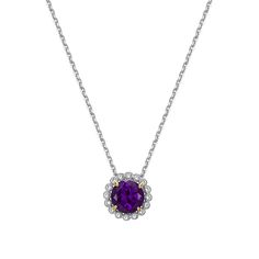 Sterling Silver Amethyst and Created White Sapphire Halo Necklace  Adorn your neckline with the luxe look of this genuine gemstone necklace. Strung on a diamond-cut, cable chain, this classic drop design features a beautiful purple amethyst surrounded with a sparkling halo of created white sapphires.         Necklace approx. 18"L      Drop approx. 11.9mm x 11.9mm     Stamped .925; rhodium plating; 18K yellow gold accents on prongs     Two-tone polished finish     Diamond-cut cable chain; lobster claw clasp   Stone Information       All sizes and weights approximate     African Amethyst - Faceted round; 1.74ct     Created White Sapphire - Faceted round; 16pc; 0.15ctw Luxury Amethyst Necklace With Diamond Accents, Elegant Amethyst Birthstone Necklace, Elegant Purple Round Pendant Necklace, Elegant Amethyst Birthstone Necklace With Round Pendant, White Gold Amethyst Necklace For Formal Occasions, Elegant Purple Diamond Necklace, Formal White Gold Amethyst Necklace, Fine Jewelry Purple Round Pendant Necklace, Fine Jewelry Purple Diamond Necklace