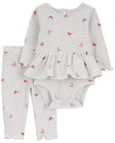 Grey Baby 2-Piece Bird Peplum Bodysuit Pant Set | carters.com Playful Long Sleeve Ruffled Sets, Casual Ruffled Stretch Sets, Stretch Cotton Sets With Ruffles, Stretch Cotton Ruffle Sets, Carters Baby Clothes, Free Jeans, Grey Baby, Old Clothes, One Year Old