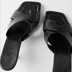 Simple Sexy Slides.. Square Toes.. Cross Straps With Toe Loop...Euro Size 40 Summer Office Heels In Faux Leather, Faux Leather Heels For Office In Summer, Zara Leather Sandals For Night Out, Casual Leather Sandals For Night Out, Chic Zara Sandals For Night Out, Chic Faux Leather Sandals, Elegant Black Faux Leather Sandals, Chic Black Zara Heels, Fitted Black Leather Sandals