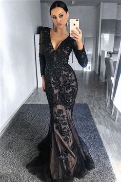 Wanna Prom Dresses, Evening Dresses in Tulle, Mermaid style, and delicate Appliques work? Ballbella has all covered on this elegant Charming Black Tulle Nude Lining Evening Dresses with Sleeves Elegant Long Sleeves Beads Appliques Prom Dresses yet cheap price. Black Mermaid, Floor Length Prom Dresses, Evening Dresses With Sleeves, Black Prom Dress, Black Prom, Black Tulle, Mermaid Fashion, Cheap Prom Dresses, Long Prom Dress