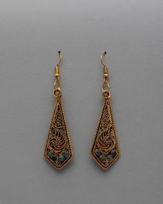 Copper Earrings Handmade Metal Teardrop Jewelry With Intricate Design, Ornate Bronze Earrings, Bohemian Pierced Linear Earrings As Gift, Bohemian Bridal Earrings With Intricate Design, Bronze Filigree Jewelry, Traditional Bronze Filigree Earrings, Traditional Bronze Pierced Earrings, Ornate Bronze Filigree Earrings, Intricate Design Brass Drop Earrings