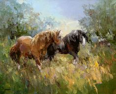 two horses are running through the grass in an impressionist style painting by artist mark miller