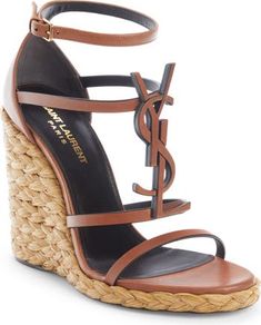 Saint Laurent Cassandra YSL Logo Raffia Wedge Sandal | Nordstrom Ysl Wedges Sandals, Ysl Wedges, Gucci Wedges, Luxury Heels, Statement Heels, Raffia Sandals, Oufits Casual, Fab Shoes, Elegant Heels