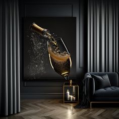 a champagne being poured into a glass on top of a wooden table next to a couch