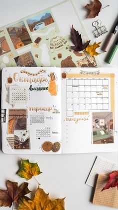 an open planner sitting on top of a table next to autumn leaves and other items