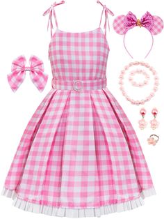 PRICES MAY VARY. Set of 8 includes pink plaid dress, ears headband, pearl buckle waistband, bow hairpin, necklaces, bracelets, rings, earrings The pink plaid dress is made of comfortable and soft fabric, which makes skin contact non-itchy Design with adjustable self-tie shoulder strap, pleated skirt with white lace trim, right side zipper Available in toddler and adult sizes, perfect for parent-child dress ups Perfect for theme party, birthday, daily wear, christmas, halloween, and special occas Pink Plaid Dress, Movie Cosplay, Headband Pearl, Child Dress, Outfits 70s, Pink Costume, Barbie Costume, Mommy And Me Dresses, Pink Barbie