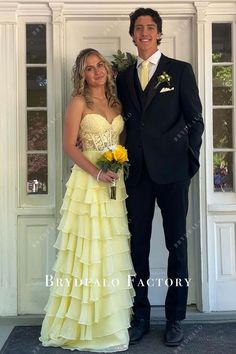 Daffodil Strapless Layered A-Line Homecoming Dress Yellow Prom Dress With Date, Prom Dress Inspo 2025, Yellow Prom Dress Couple, 2025 Prom Dresses, Yellow Ball Dresses, Prom Dress Couple, Ty Ball Dresses, Royal Entrance, Strapless Homecoming Dress