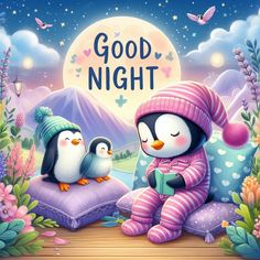 two penguins sitting on pillows in front of a night scene with the words good night