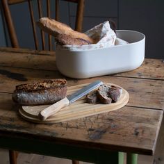 bread and butter are sitting on a wooden table