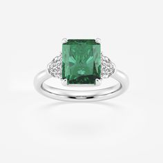 10x8mm Radiant Cut Created Emerald and 5/8 ctw Lab Grown Diamond Three-Stone Engagement Ring 14K White Gold Emerald Three Stone Ring, Three Stone Ring, Engagement Rings Platinum, Three Stone Engagement, Three Stone Engagement Rings, Radiant Cut, 14k White Gold Ring, Perfect Engagement Ring, Three Stone Rings