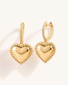 Gold Dangling Heart Huggies - Sparkle Society Heart Huggies, Fall Accessories, Heart Of Gold, Signet Ring, Charm Earrings, Gold Beads, Say Hello, Precious Stones, Fall In Love