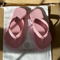 Brand New, Never Worn, Versace Rubber Greca Sandals In Light Pink Designer Synthetic Sandals For Beach, Designer Flat Flip Flops For Beach, Luxury Synthetic Sandals For The Beach, Luxury Synthetic Beach Sandals, Designer Flip Flops For Summer Vacation, Designer Open Toe Flip Flops For Vacation, Designer Flip Flops For Beach, Designer Open Toe Flip Flops For Beach, Designer Summer Flip Flops For Vacation