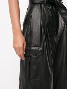 Black faux-leather tie waist trousers from GOEN. J featuring high waist, tied waist, slim fit, two side slit pockets, two rear flap pockets and two side cargo pockets. | GOEN. J Faux-Leather Tie Waist Trousers Leather Tie, Miu Miu Shoes, Black High Waist, Leather Outfit, Black Faux Leather, Waist Tie, Leather Backpack, Real Leather, Jumpsuit Dress